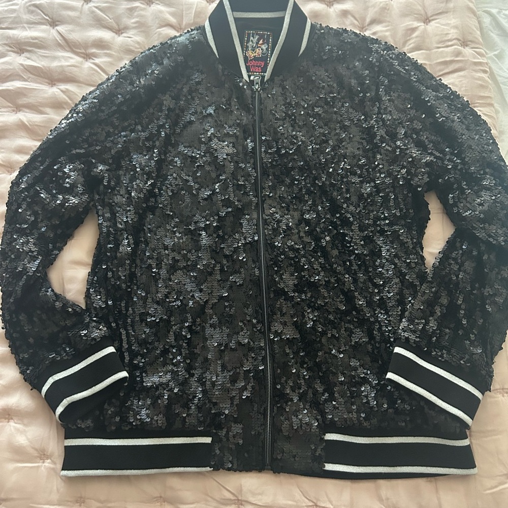 Johnny Was M Black Sequin Bomber Jacket